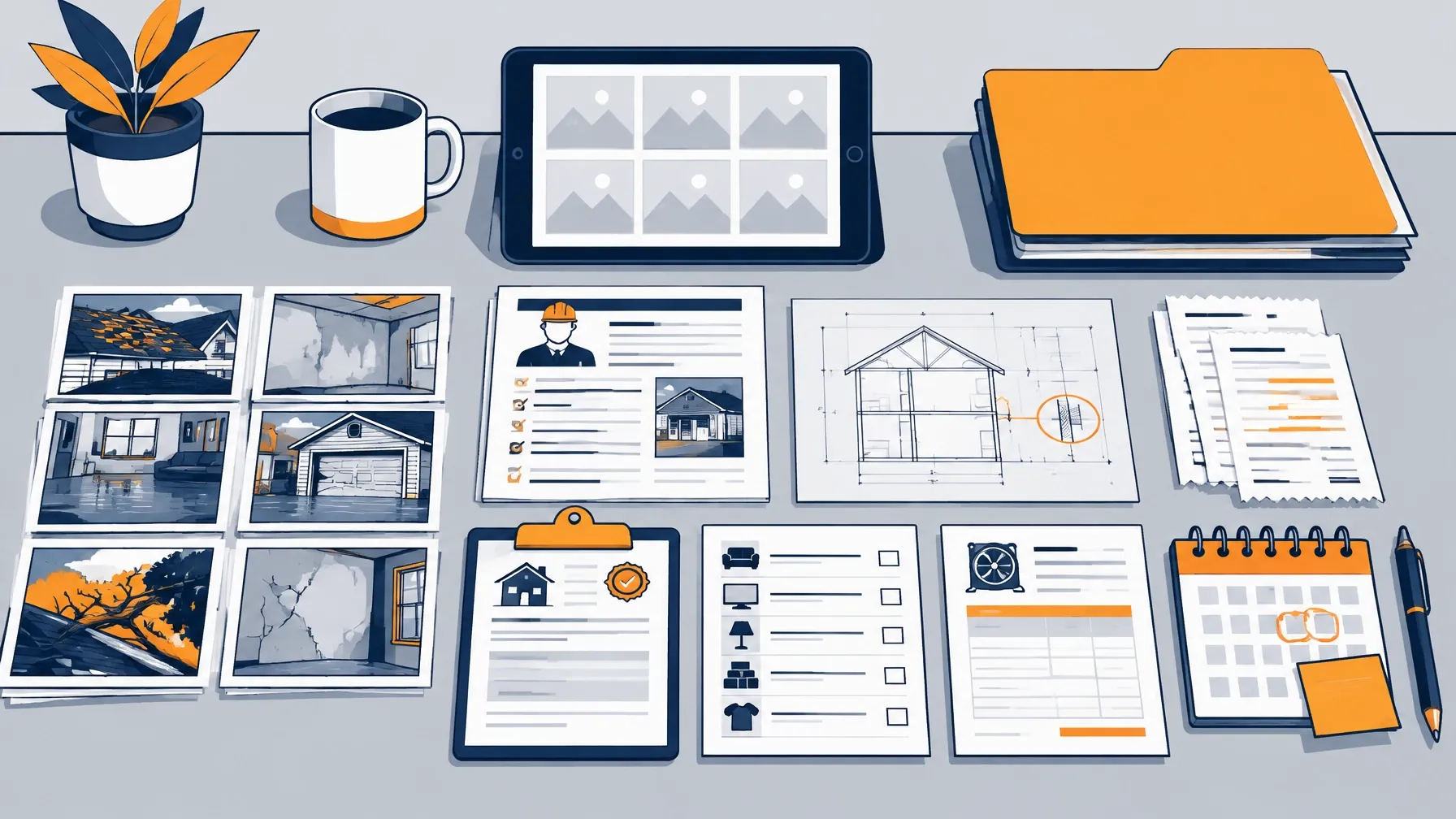 Organized property insurance claim file with photographs, reports, receipts, and inspection documents