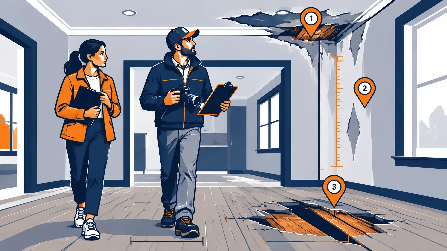 Policyholder and property adjuster documenting numbered areas of damage during an inspection