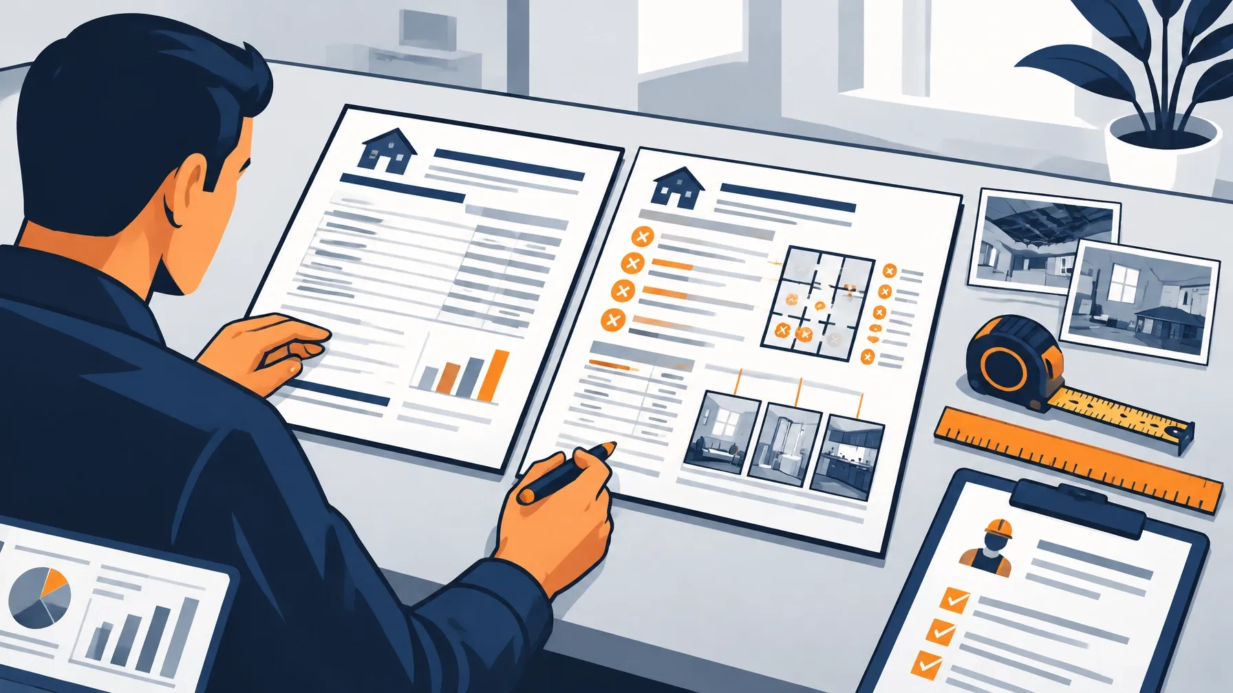 Policyholder reviewing a carrier estimate against photographs, measurements, and claim documents