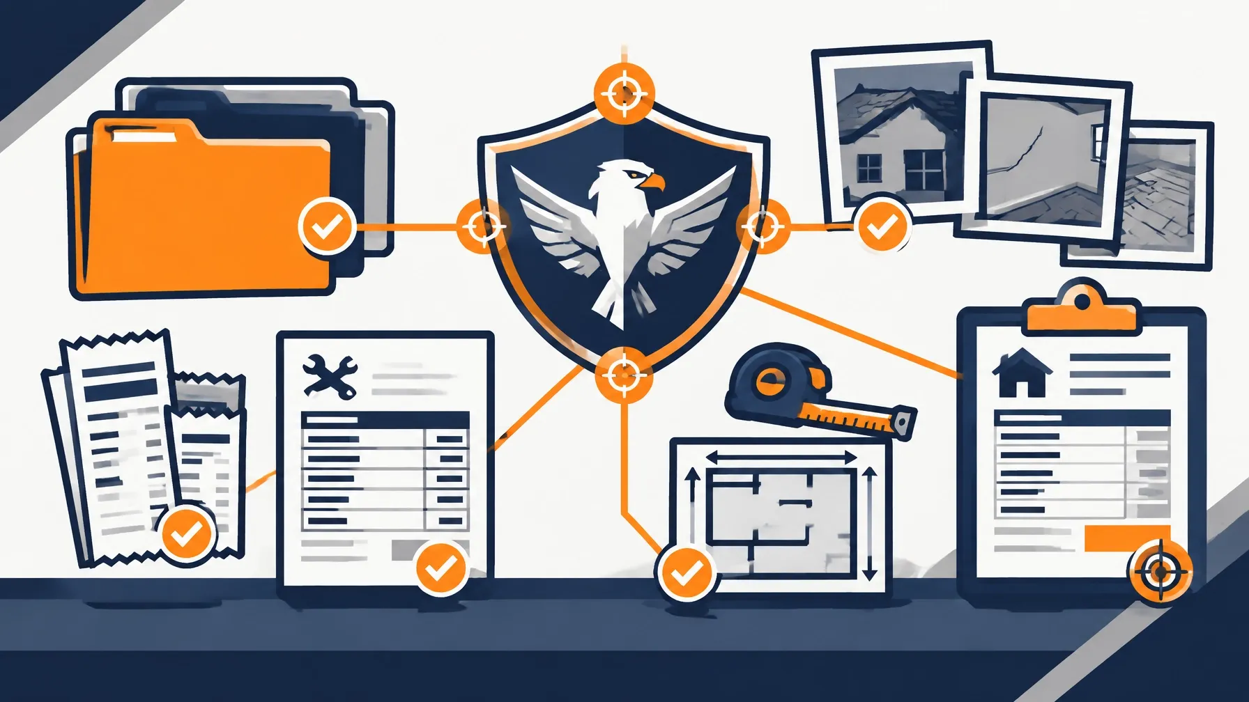 Vector illustration of organized claim evidence including folders, receipts, measurements, photographs, and an estimate