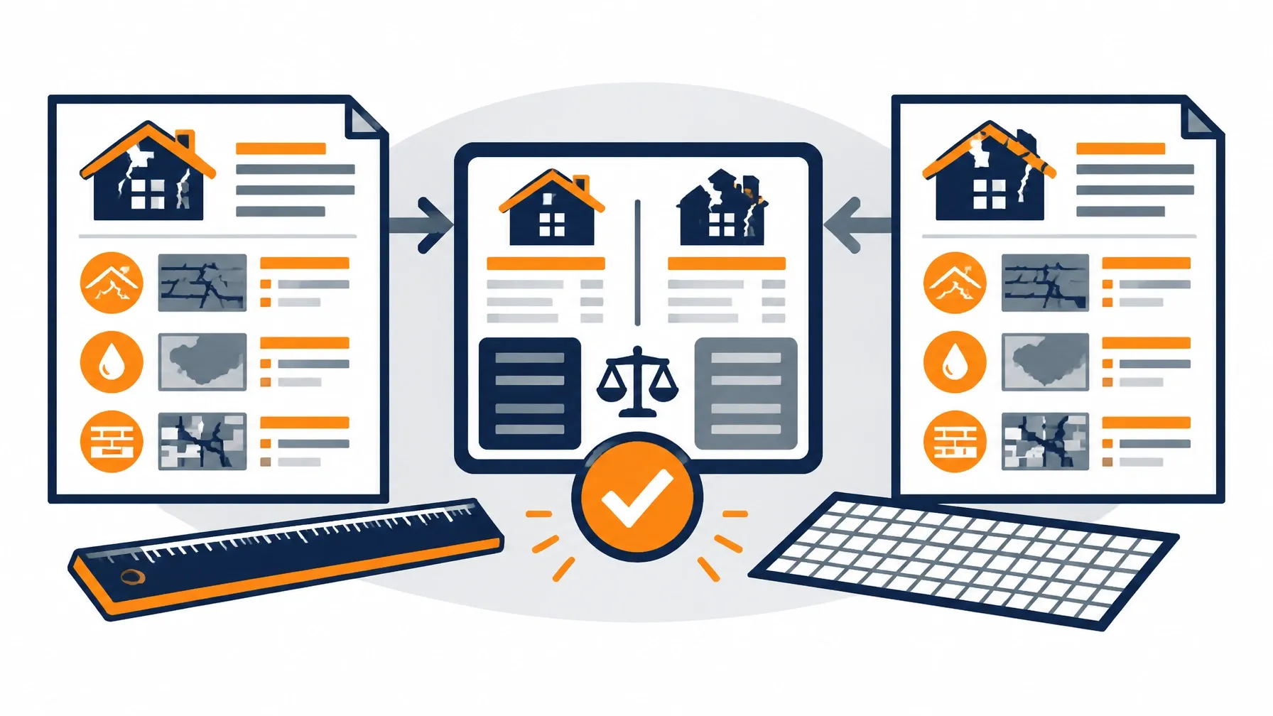 Vector illustration of two property damage scopes converging into a valuation comparison